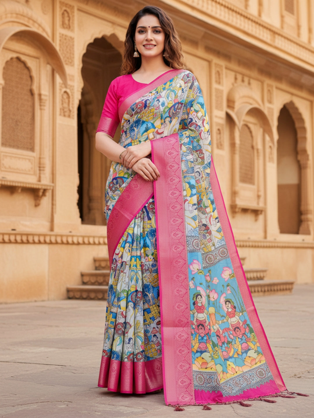 Pink  Blue Tussar Silk Saree For Women | Digital Print Party Wear Saree