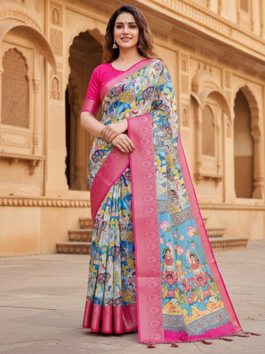Pink  Blue Tussar Silk Saree For Women | Digital Print Party Wear Saree