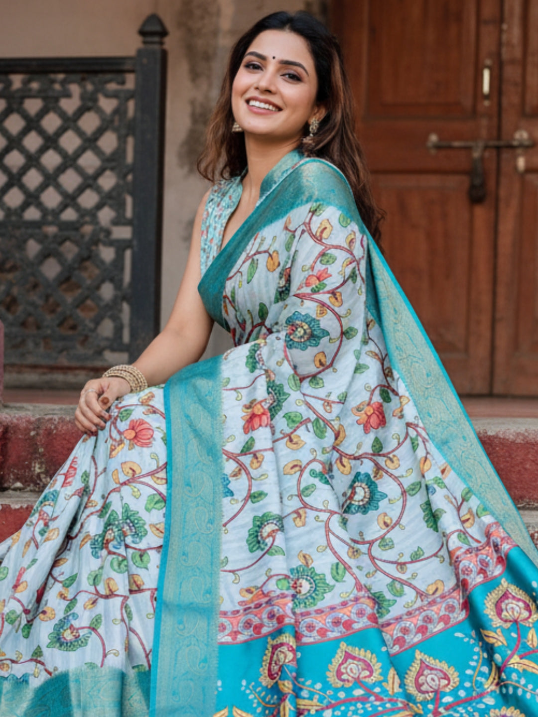 Teal Tussar Silk Saree For Women | Digital Print Party Wear Saree