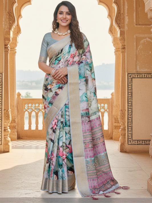 Cream  Pink Tussar Silk Saree For Women | Digital Print Party Wear Saree