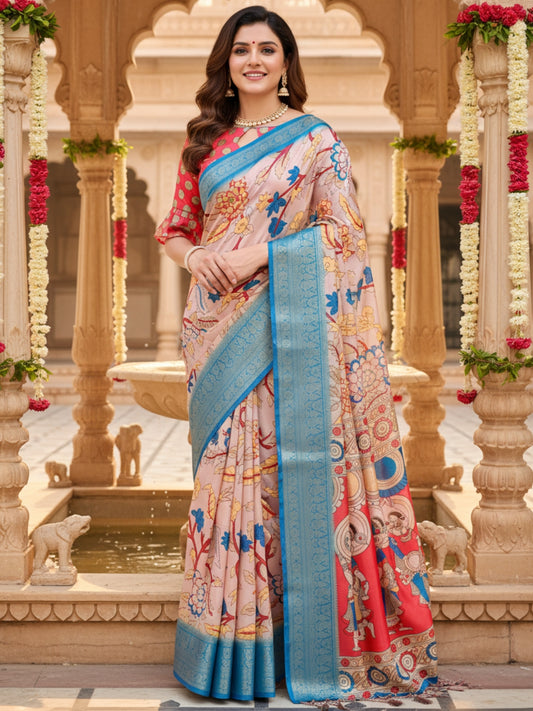 Cream  Blue Tussar Silk Saree For Women | Digital Print Party Wear Saree