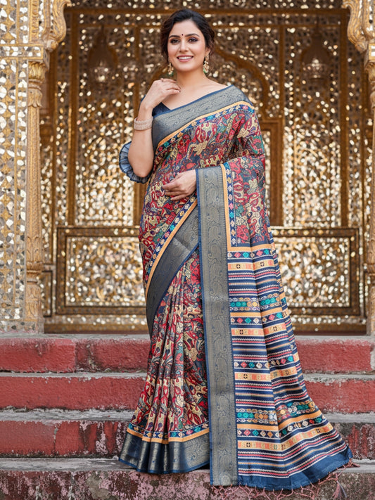 Blue Tussar Silk Saree For Women | Digital Print Party Wear Saree