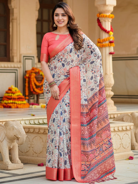 Orange  White Tussar Silk Saree For Women | Digital Print Party Wear Saree