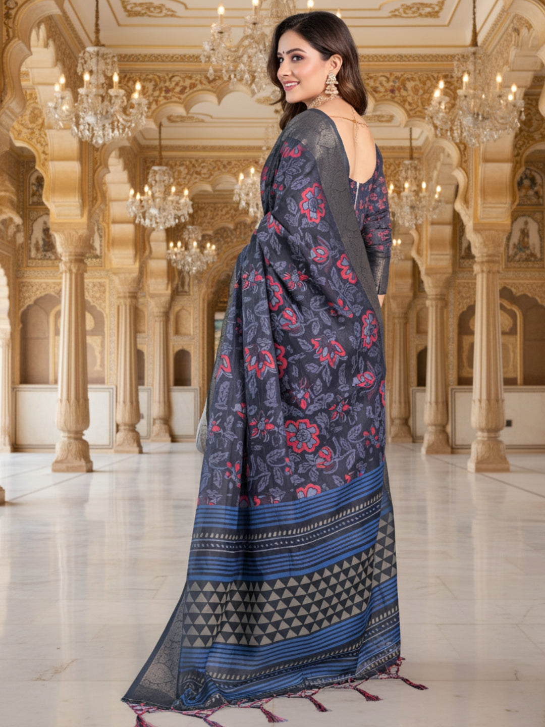 Blue Linen Cotton Saree For Women | Digital Print Party Wear Saree