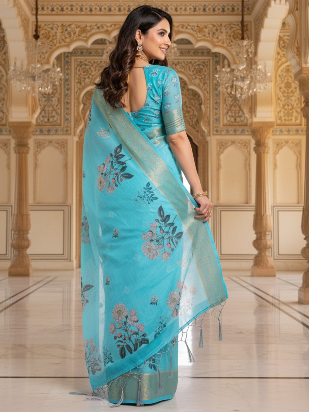 Light Blue Linen Cotton Saree For Women | Digital Print Party Wear Saree