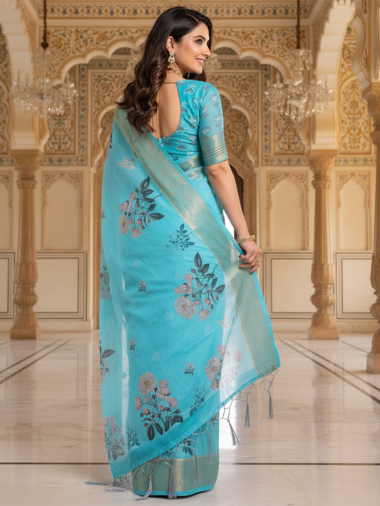 Light Blue Linen Cotton Saree For Women | Digital Print Party Wear Saree