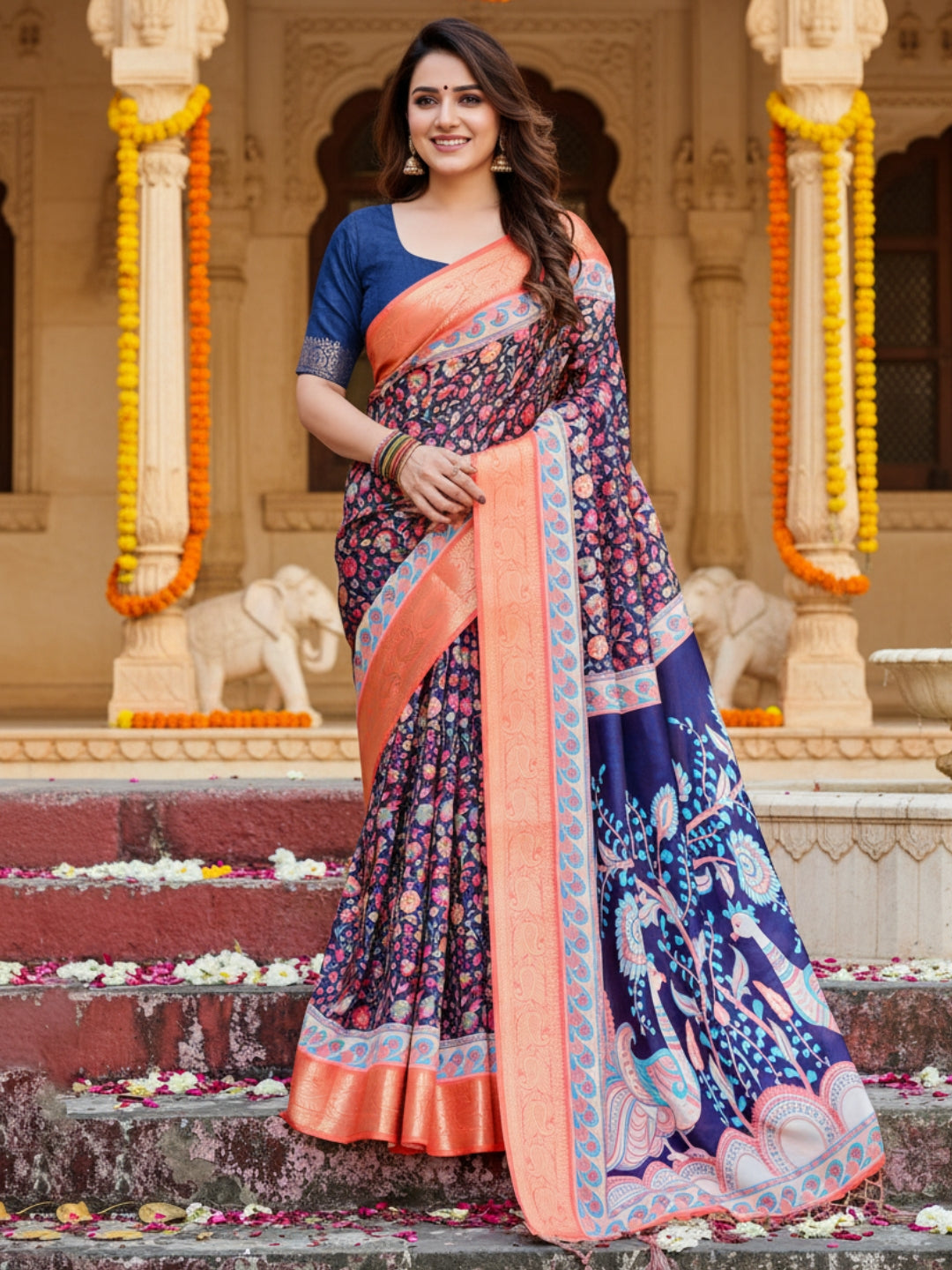 Orange  Blue Tussar Silk Saree For Women | Digital Print Party Wear Saree