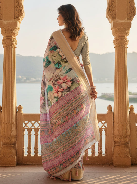 Cream  Pink Tussar Silk Saree For Women | Digital Print Party Wear Saree