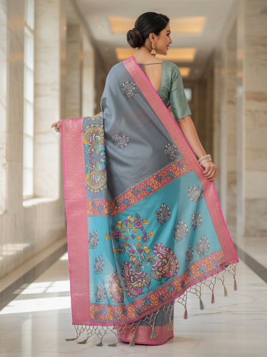 Blue Tussar Silk Saree For Women | Digital Print Party Wear Saree