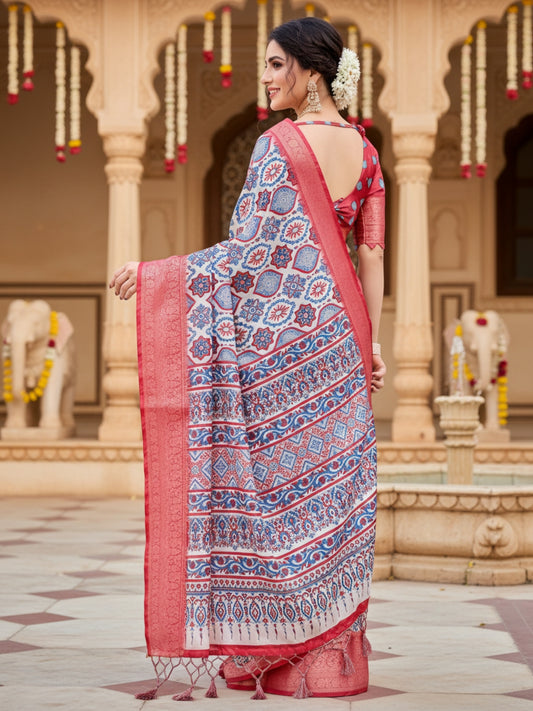 Red  White Tussar Silk Saree For Women | Digital Print Party Wear Saree