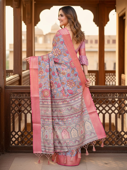 Blue  Pink Tussar Silk Saree For Women | Digital Print Party Wear Saree