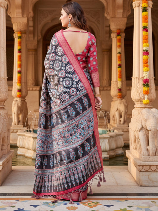 Orange  Black Tussar Silk Saree For Women | Digital Print Party Wear Saree