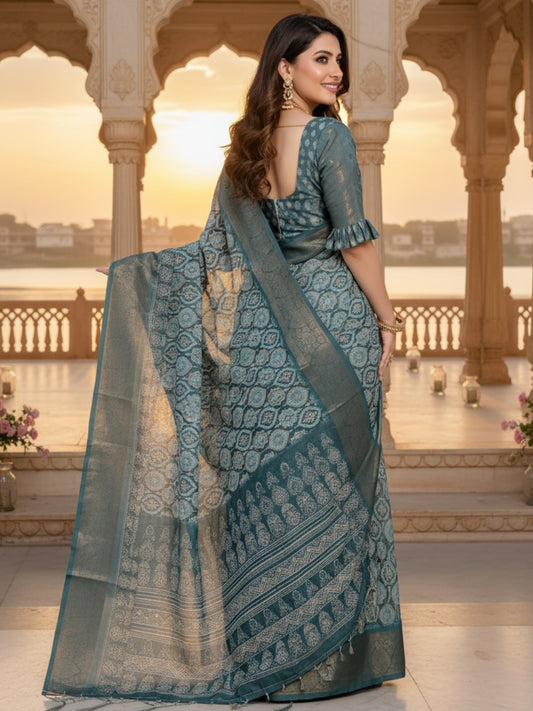 Green Linen Cotton Saree For Women | Digital Print Party Wear Saree