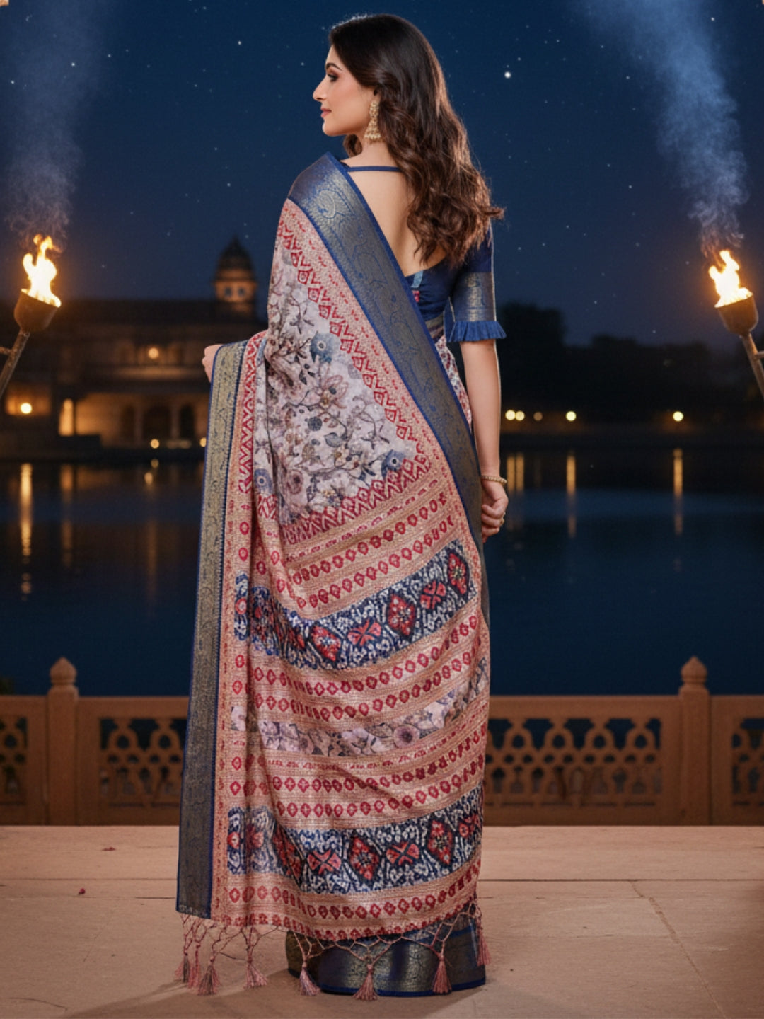 Cream  Red Tussar Silk Saree For Women | Digital Print Party Wear Saree