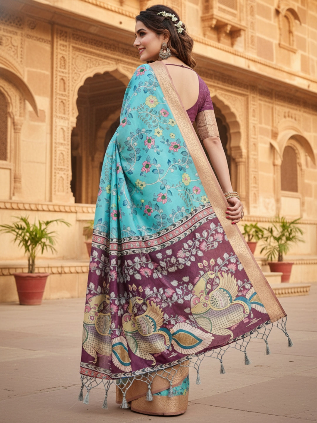 Blue  Purple Tussar Silk Saree For Women | Digital Print Party Wear Saree