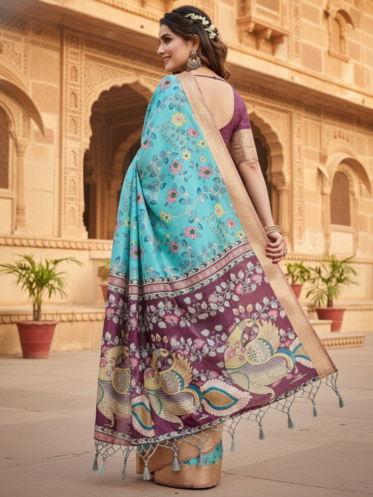 Blue  Purple Tussar Silk Saree For Women | Digital Print Party Wear Saree