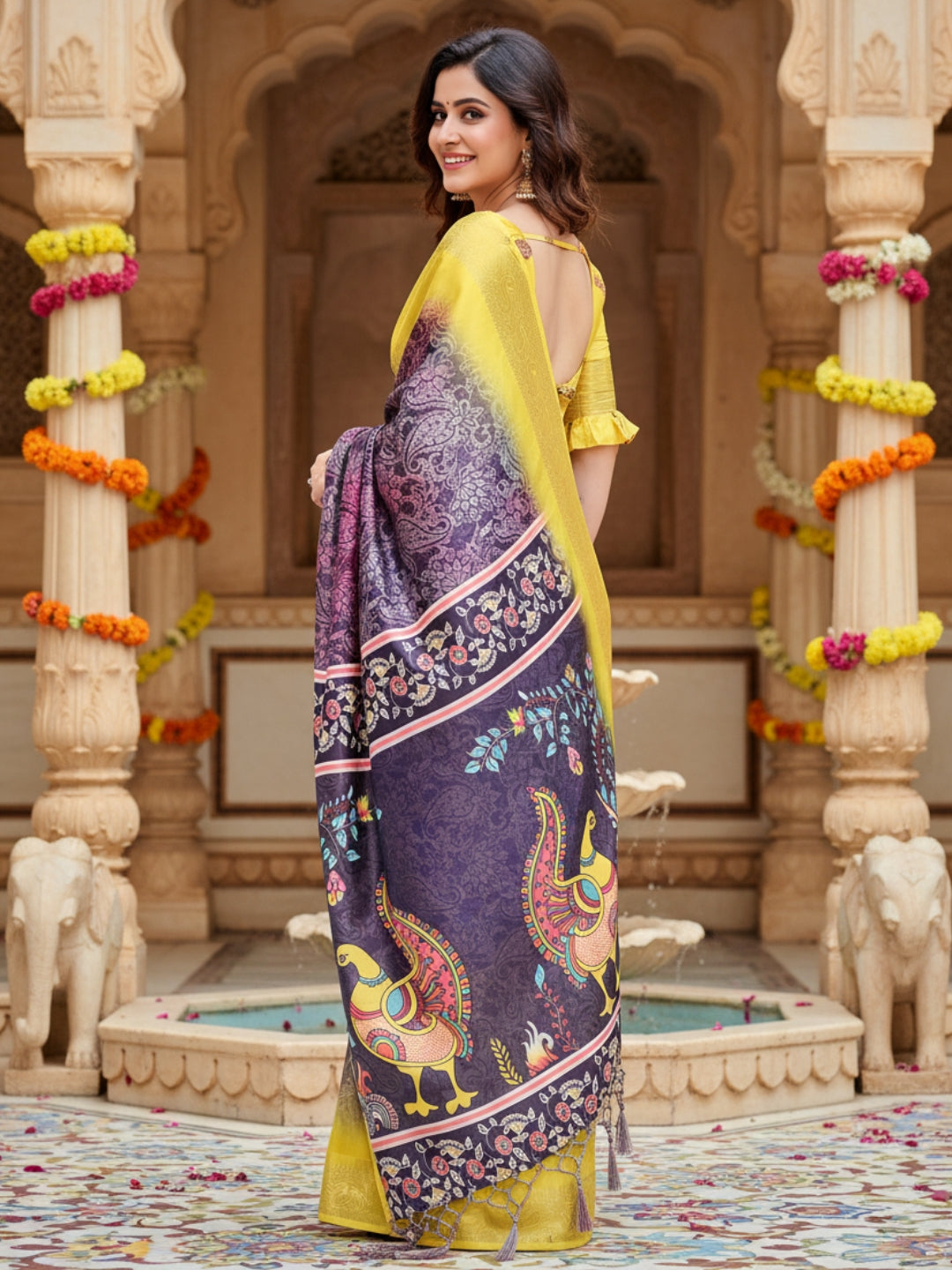 Blue  Yellow Tussar Silk Saree For Women | Digital Print Party Wear Saree