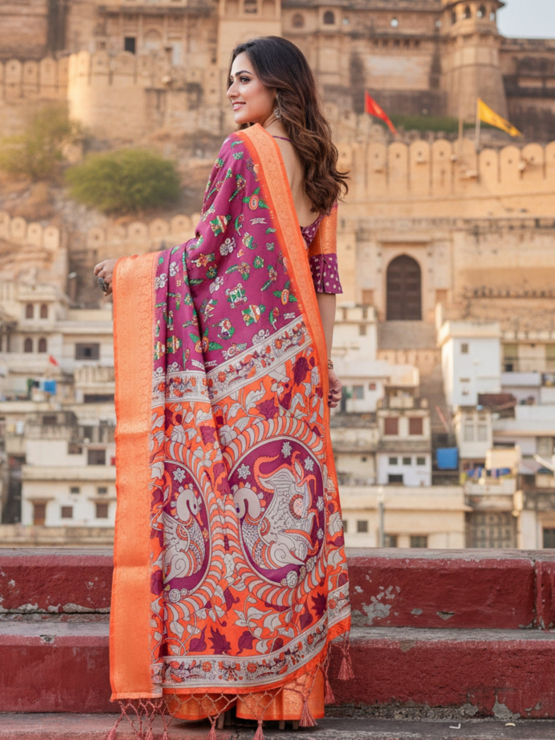 Orange  Magenta Tussar Silk Saree For Women | Digital Print Party Wear Saree