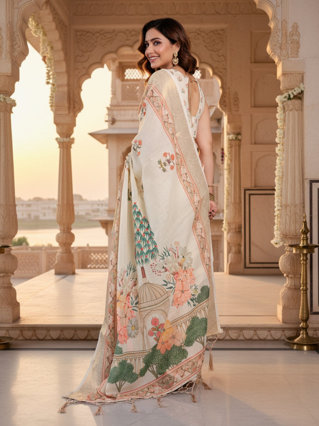 Cream Linen Cotton Saree For Women | Digital Print Party Wear Saree
