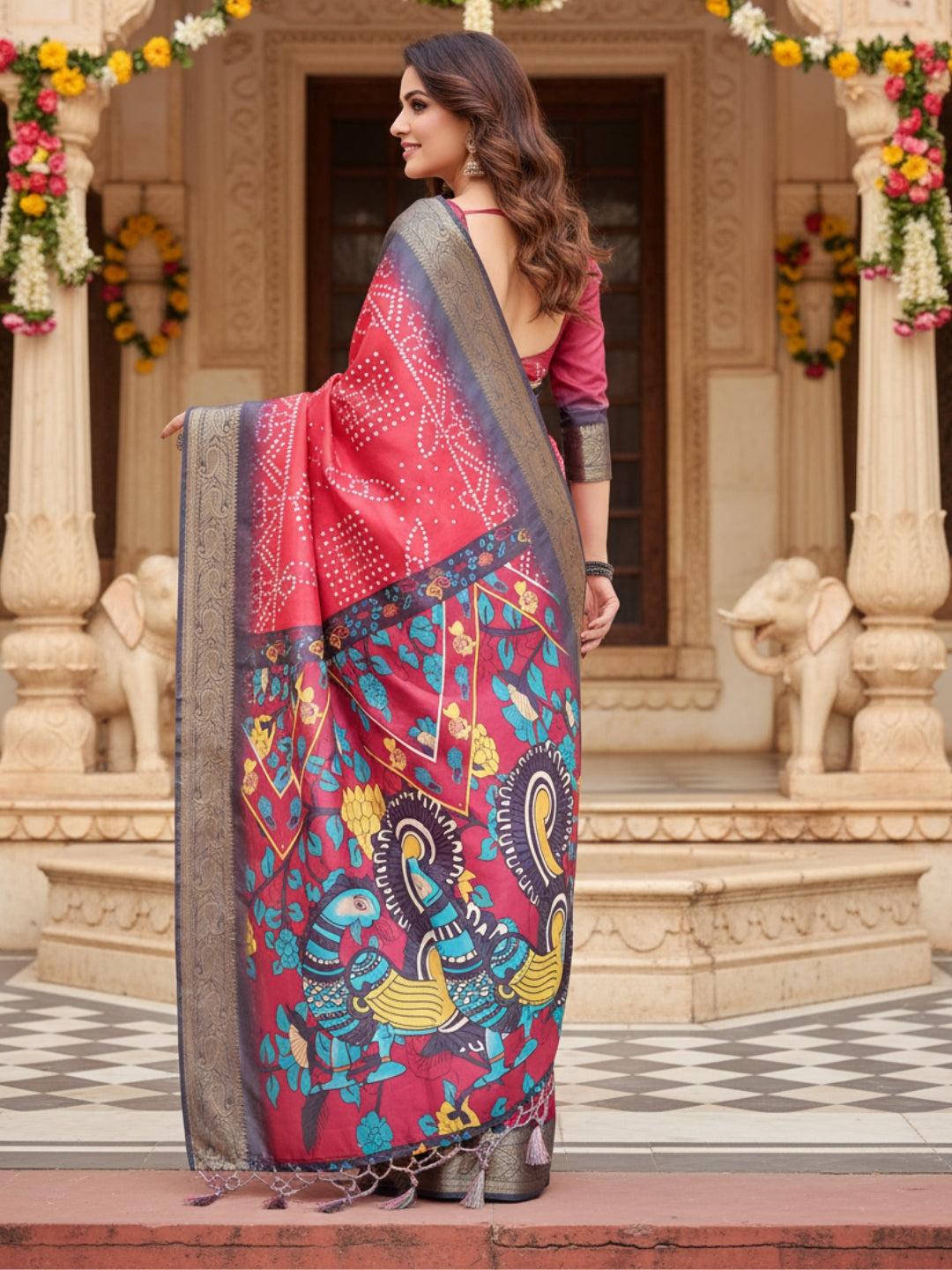 Red Tussar Silk Saree For Women | Digital Print Party Wear Saree