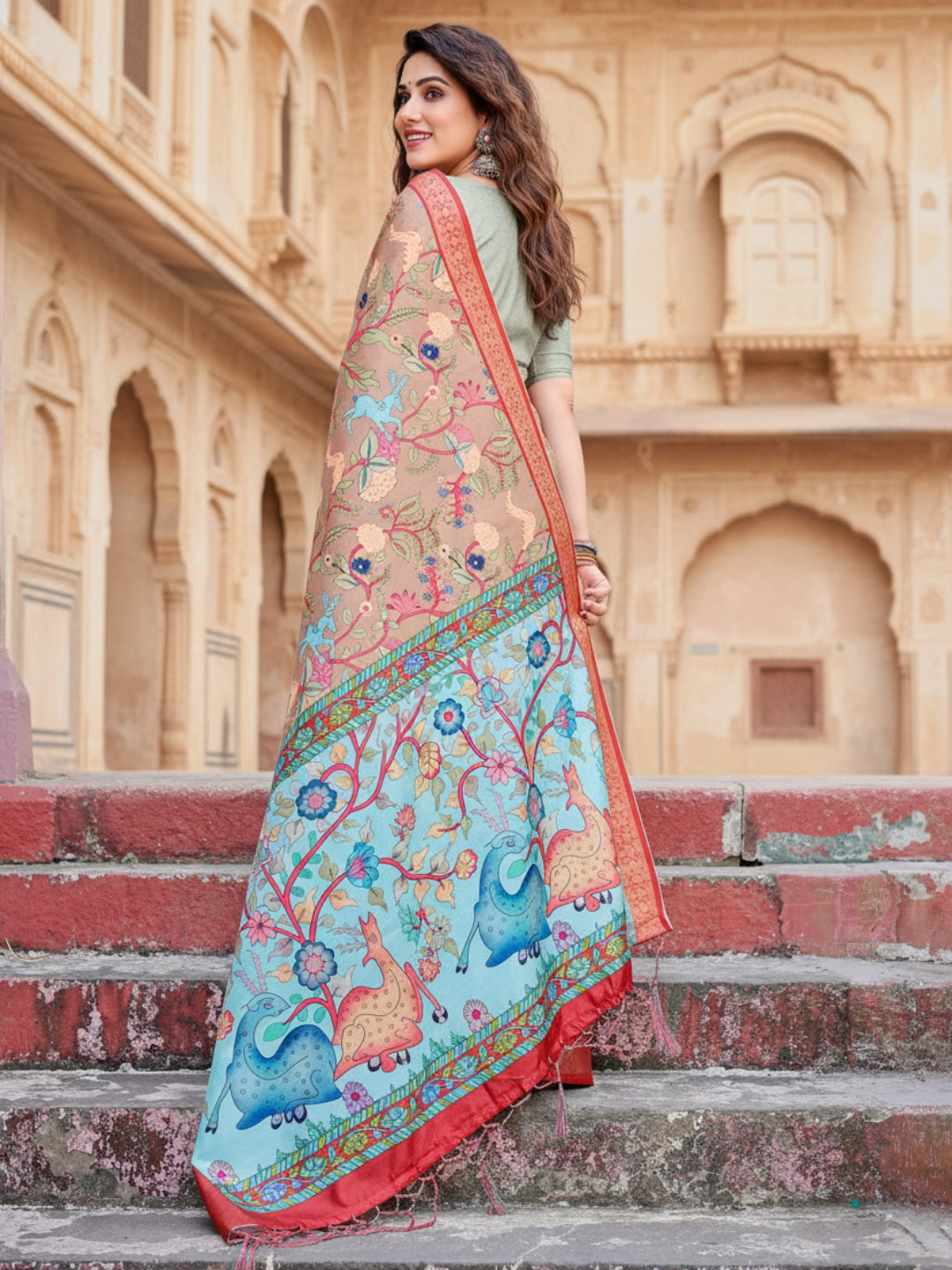 Orange  Red Tussar Silk Saree For Women | Digital Print Party Wear Saree