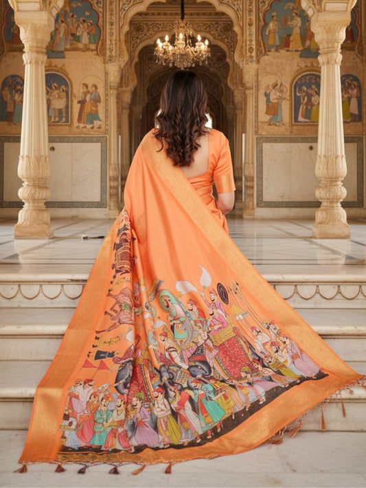 Orange Tussar Silk Saree For Women | Digital Print Party Wear Saree