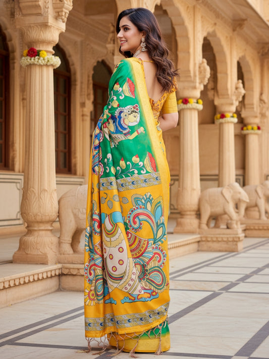 Yellow  Green Tussar Silk Saree For Women | Digital Print Party Wear Saree