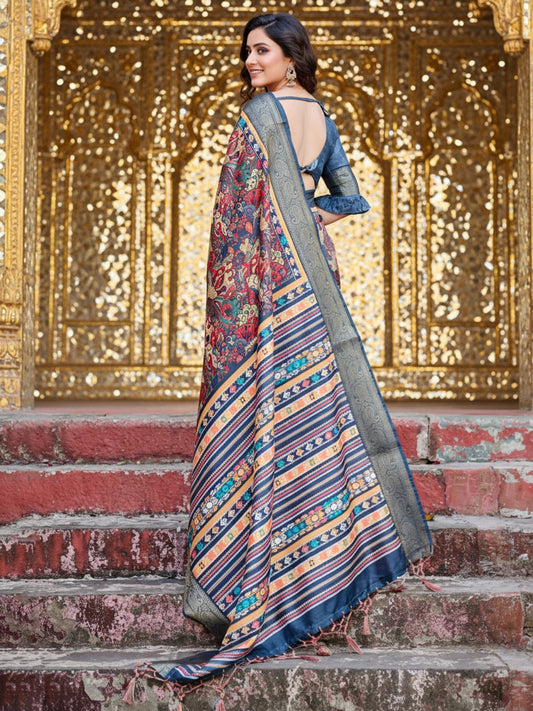 Blue Tussar Silk Saree For Women | Digital Print Party Wear Saree