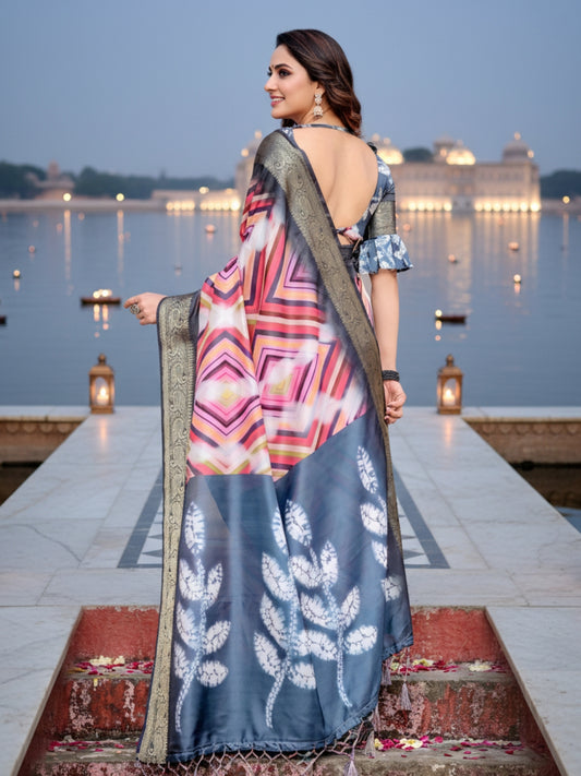 Cream  Grey Tussar Silk Saree For Women | Digital Print Party Wear Saree