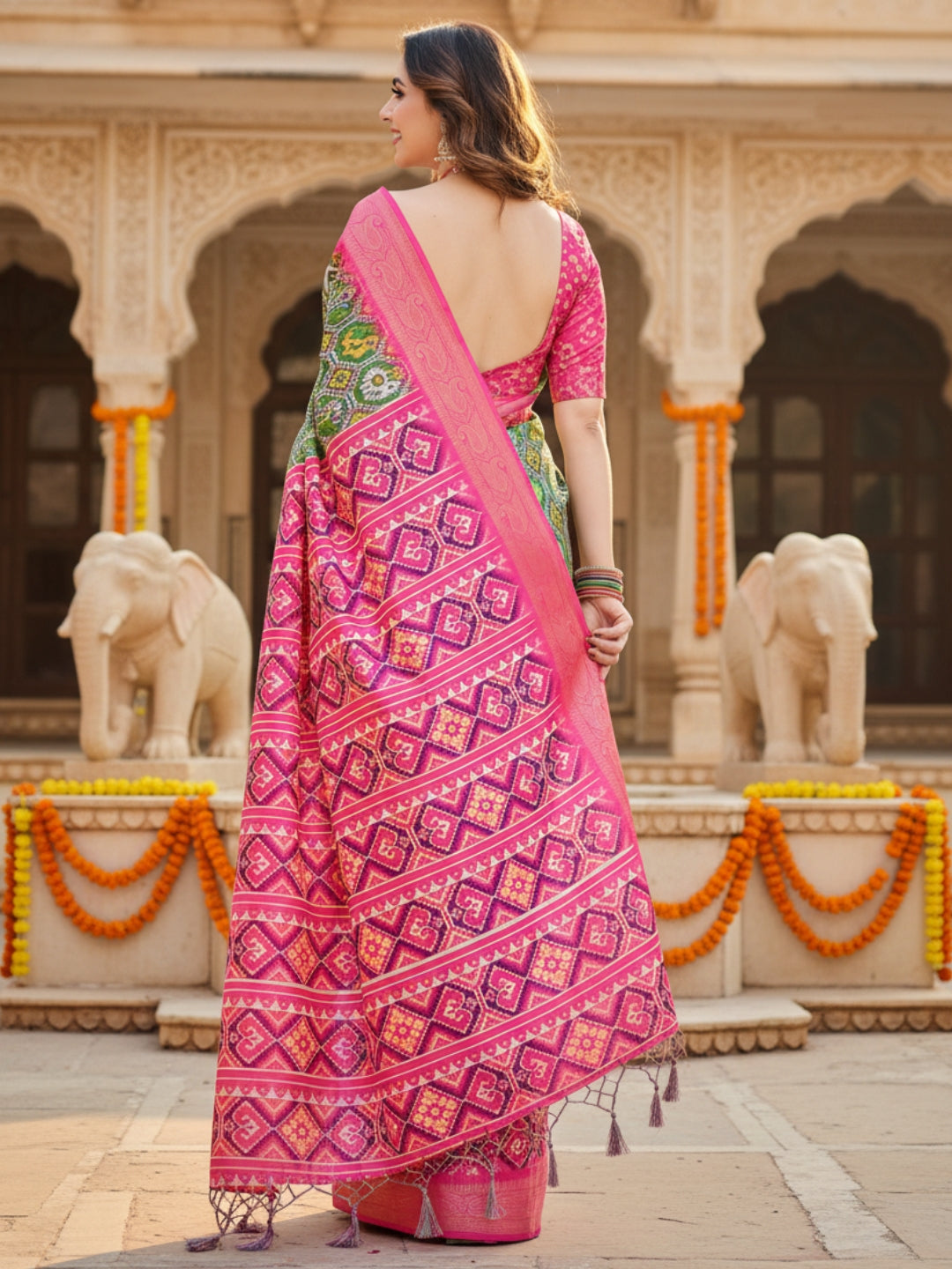 Green  Pink Tussar Silk Saree For Women | Digital Print Party Wear Saree
