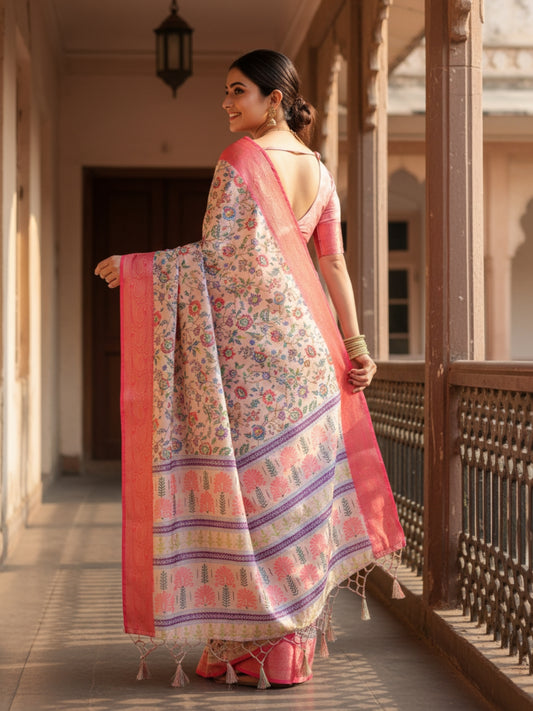 Peach  Pink Tussar Silk Saree For Women | Digital Print Party Wear Saree