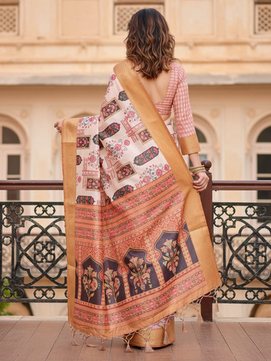Cream Orange Tussar Silk Saree For Women | Digital Print Party Wear Saree