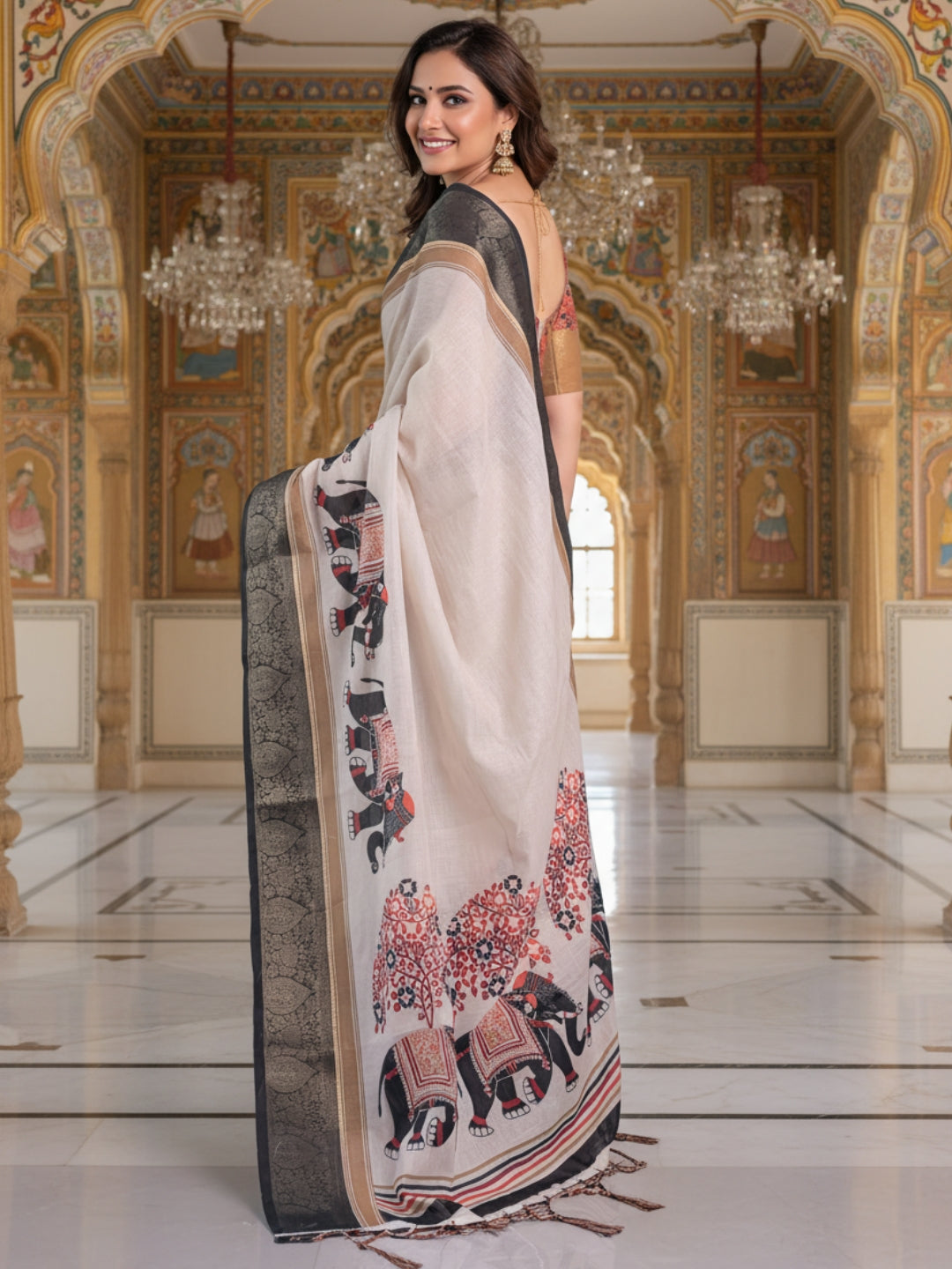 Grey Linen Cotton Saree For Women | Digital Print Party Wear Saree