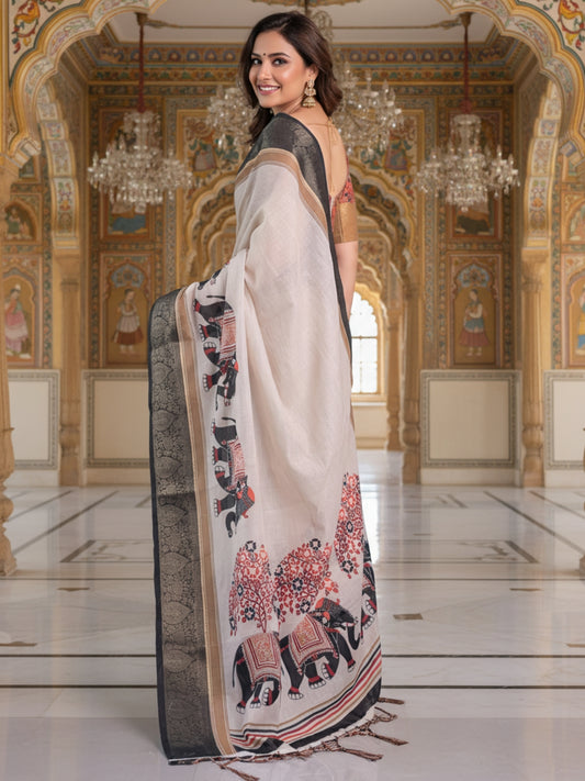 Grey Linen Cotton Saree For Women | Digital Print Party Wear Saree
