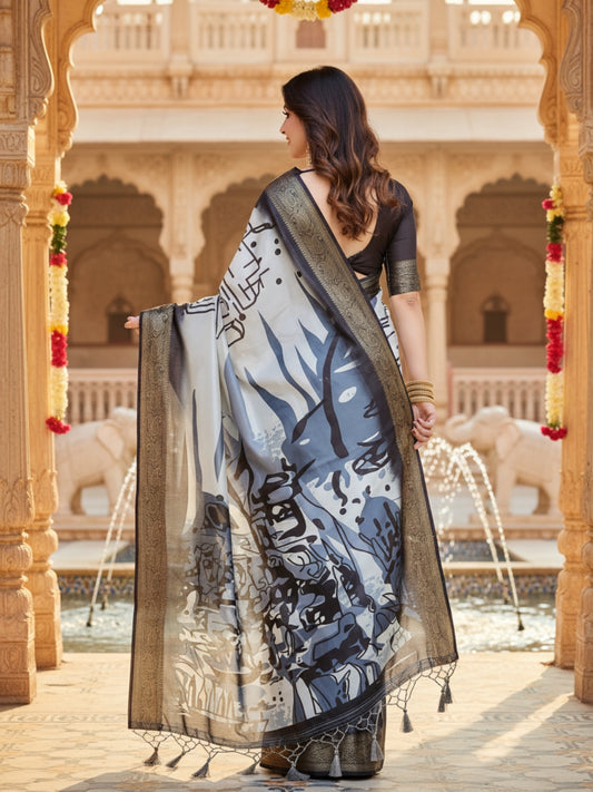 White  Grey Tussar Silk Saree For Women | Digital Print Party Wear Saree