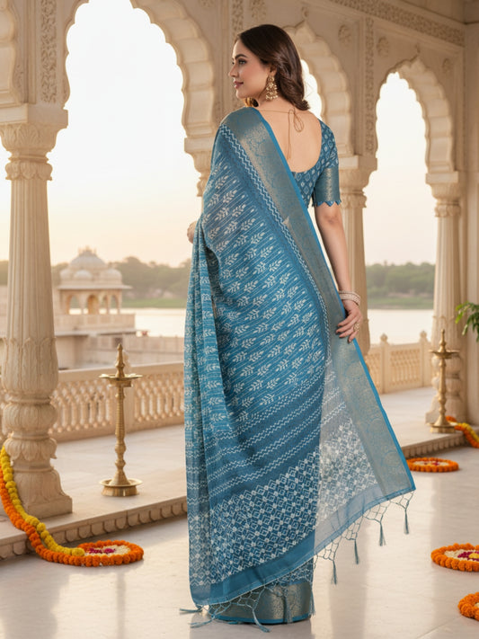 Teal Linen Cotton Saree For Women | Digital Print Party Wear Saree