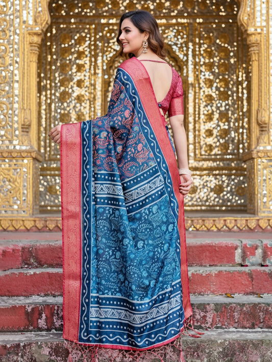 Blue Tussar Silk Saree For Women | Digital Print Party Wear Saree