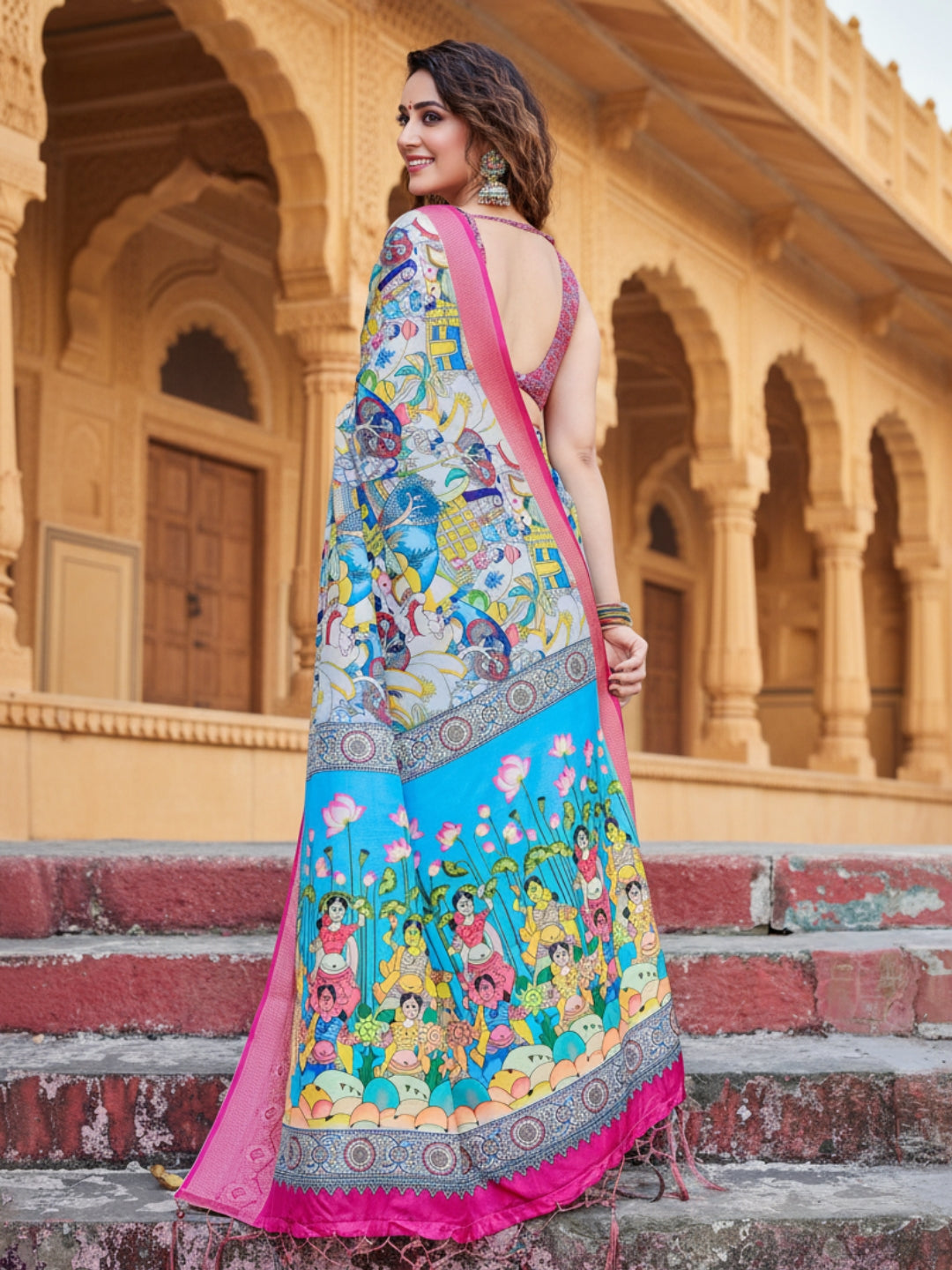 Pink  Blue Tussar Silk Saree For Women | Digital Print Party Wear Saree