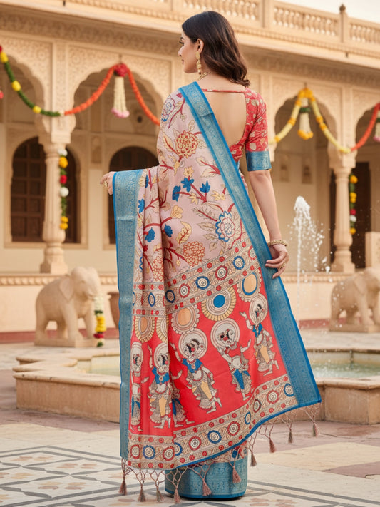 Cream  Blue Tussar Silk Saree For Women | Digital Print Party Wear Saree