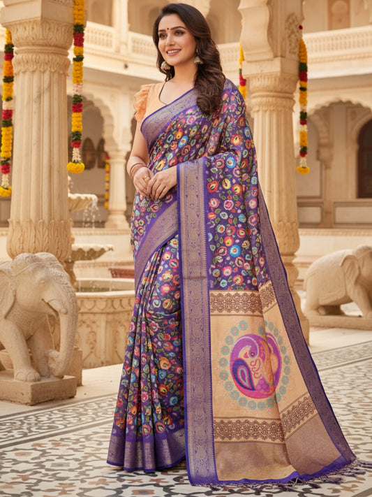 Blue Tussar Silk Saree For Women | Digital Print Party Wear Saree