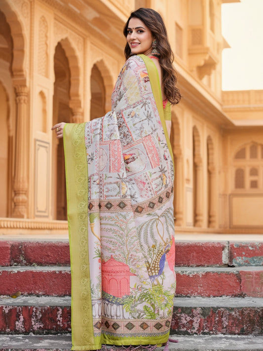 Yellow Tussar Silk Saree For Women | Digital Print Party Wear Saree