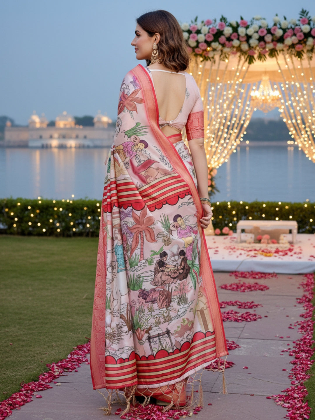 Cream Tussar Silk Saree For Women | Digital Print Party Wear Saree