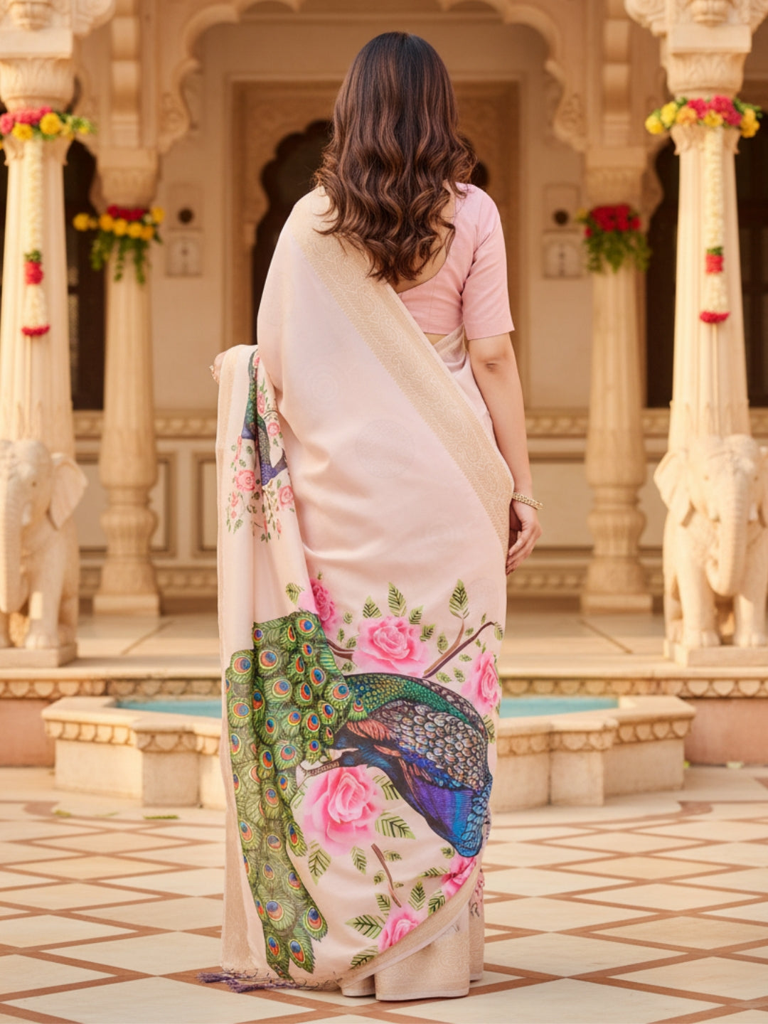 Cream Tussar Silk Saree For Women | Digital Print Party Wear Saree