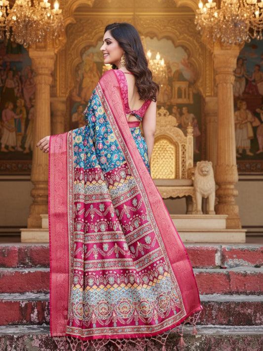 Blue  Pink Tussar Silk Saree For Women | Digital Print Party Wear Saree