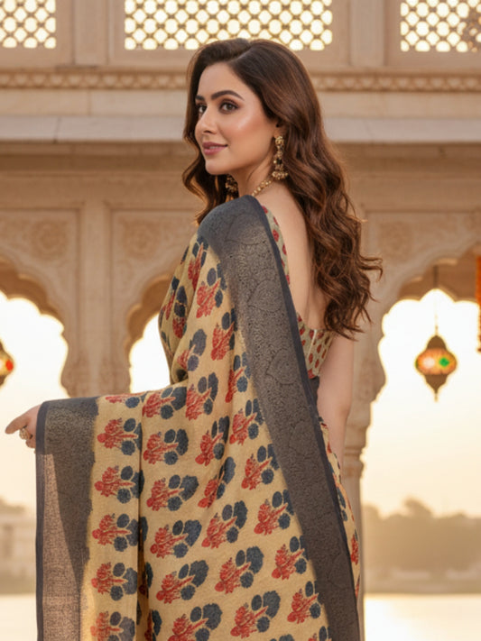 Brown Linen Cotton Saree For Women | Digital Print Party Wear Saree