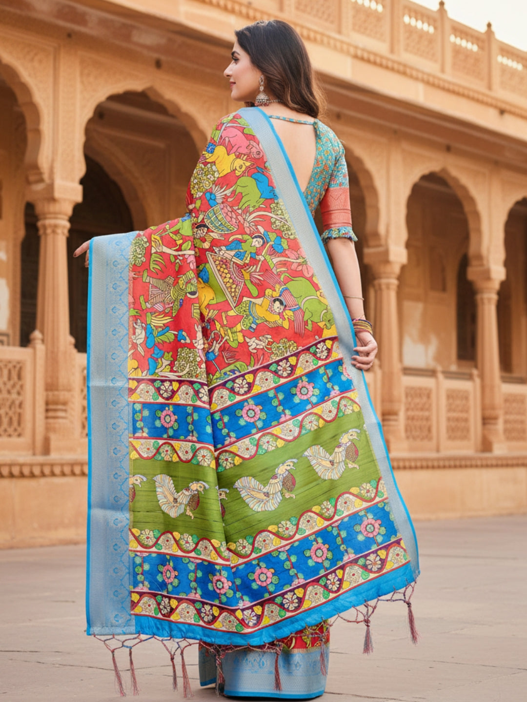 Blue  Red Tussar Silk Saree For Women | Digital Print Party Wear Saree