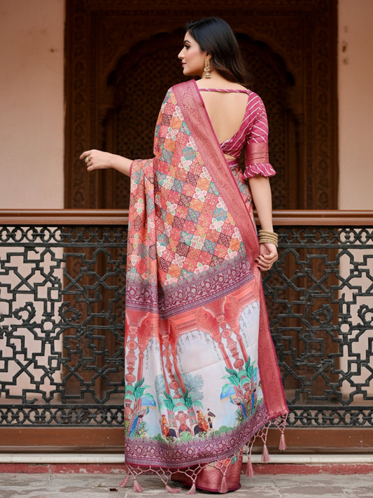 Peach Tussar Silk Saree For Women | Digital Print Party Wear Saree