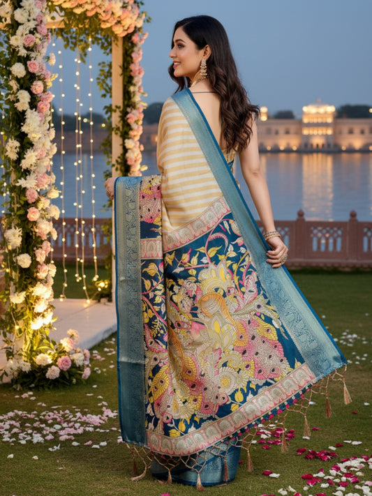 Blue  Orange Tussar Silk Saree For Women | Digital Print Party Wear Saree