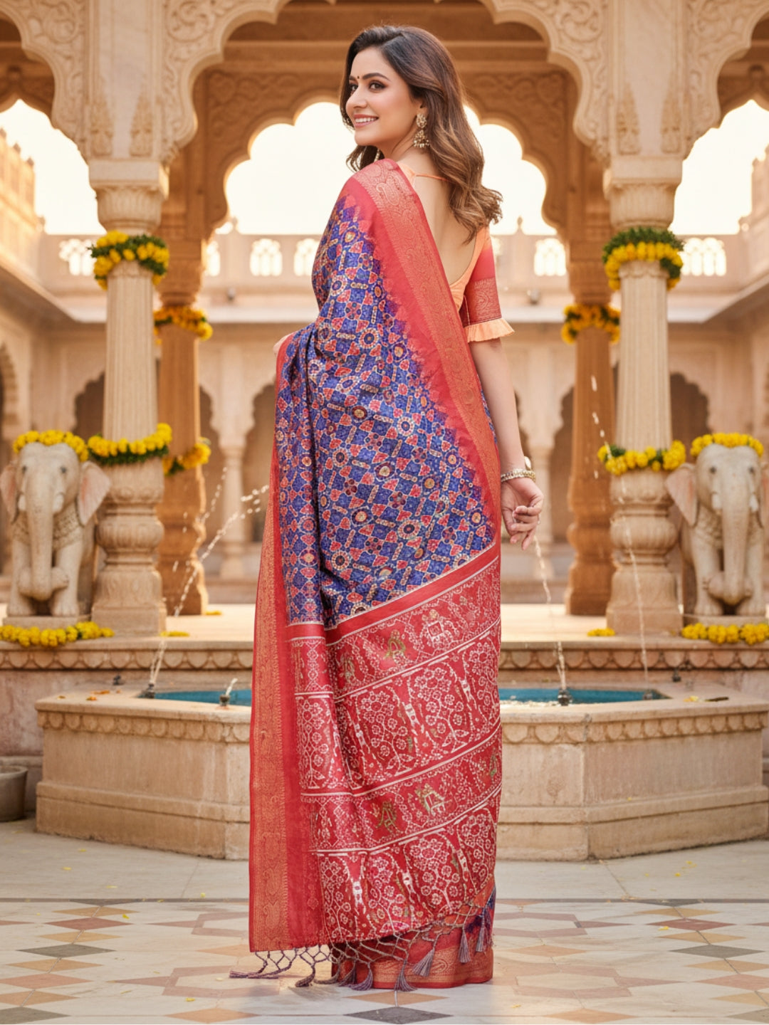 Blue  Red Tussar Silk Saree For Women | Digital Print Party Wear Saree