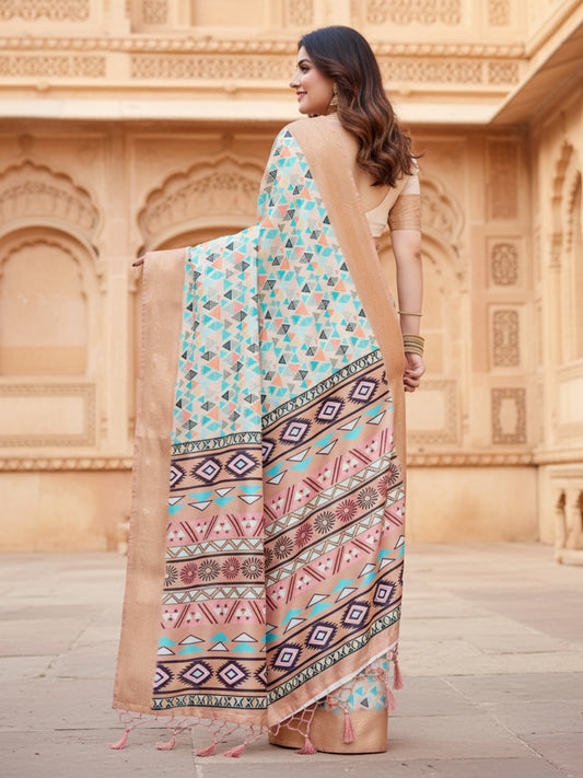 Blue  Brown Tussar Silk Saree For Women | Digital Print Party Wear Saree